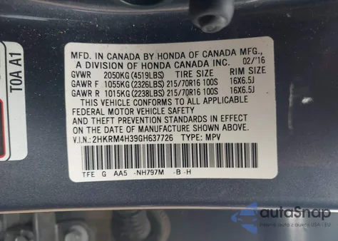 2016 Honda Cr-V Lx z USA, uszkodzony, nr VIN 2HKRM4H39GH637726